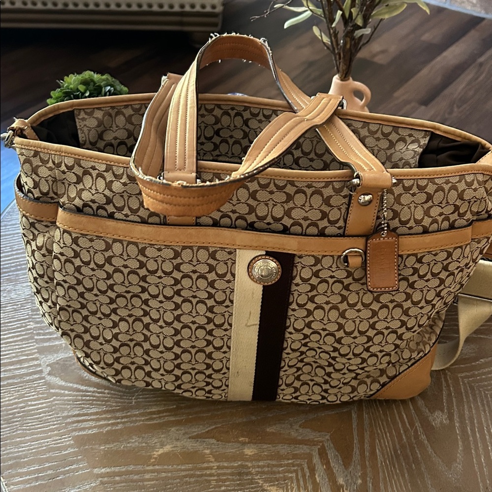 Coach Khaki Tan & Brown Signature C Monogram Canvas & Leather Diaper Bag Tote